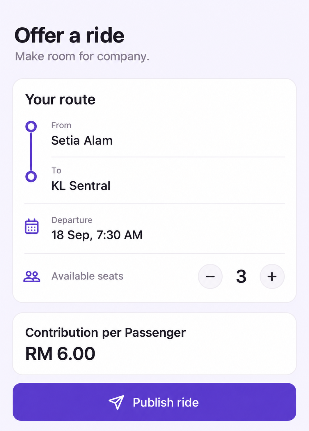 Illustrative RideMate Ride Host app screen: choose a route, departure, seats and contribution before publishing a ride