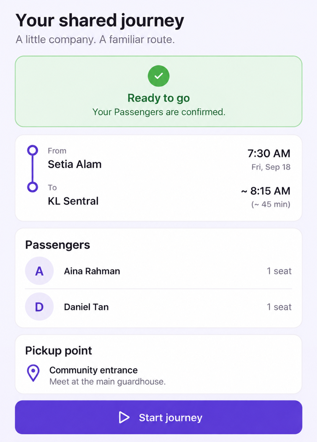 Illustrative RideMate Ride Host app screen: confirmed Riders, route and pickup details before starting a journey